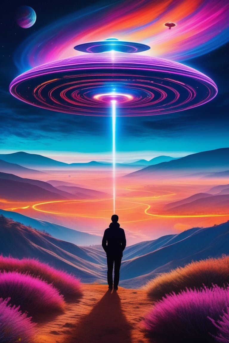 (masterpiece,best quality, ultra realistic,32k,RAW photo,detailed skin, 8k uhd, high quality:1.2), psychedelic style silhouette of a person watching a ufo in a large desolate natural scene. entries in the 2 0 2 0 sony world photography awards. . vibrant colors, swirling patterns, abstract forms, surreal, trippy