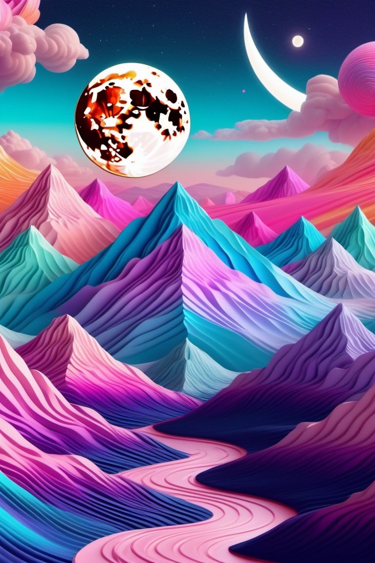 (masterpiece,best quality, ultra realistic,32k,RAW photo,detailed skin, 8k uhd, high quality:1.2), psychedelic style geometric 3 d render soft bright pastel mountains with a crescent moon stars . vibrant colors, swirling patterns, abstract forms, surreal, trippy