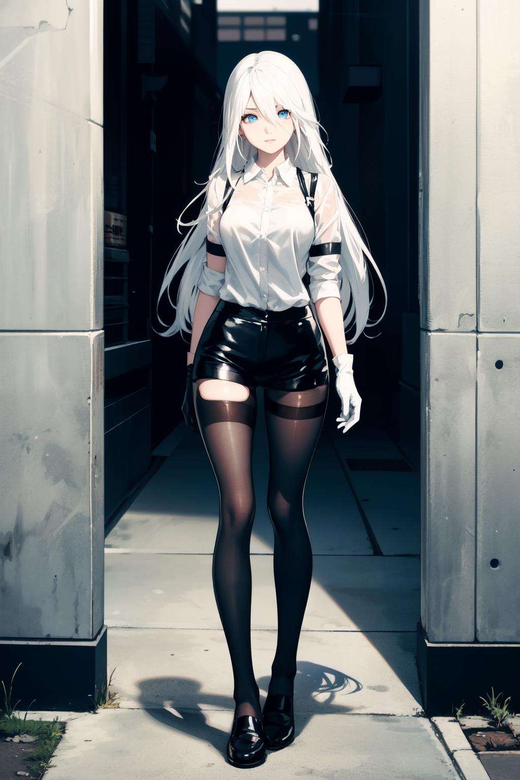 <lora:A2-off:1>yorha type a no. 2, white hair, black pantyhose, solo, black shorts, blue eyes, standing, black gloves, full body, very long hair, white shirt, gloves, 1girl, hair between eyes, pantyhose, shorts, long hair, shirt