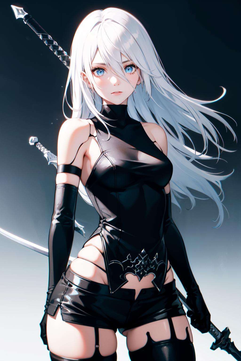 <lora:A2-off:1>yorha type a no. 2, bare shoulders, medium breasts, sword, blue eyes, mole under mouth, 1girl, armlet, android, long hair, joints, white hair, black shorts, thighhighs, gloves, shorts, solo, black gloves, mole, black thighhighs, hair between eyes, weapon, robot joints, short shorts, elbow gloves