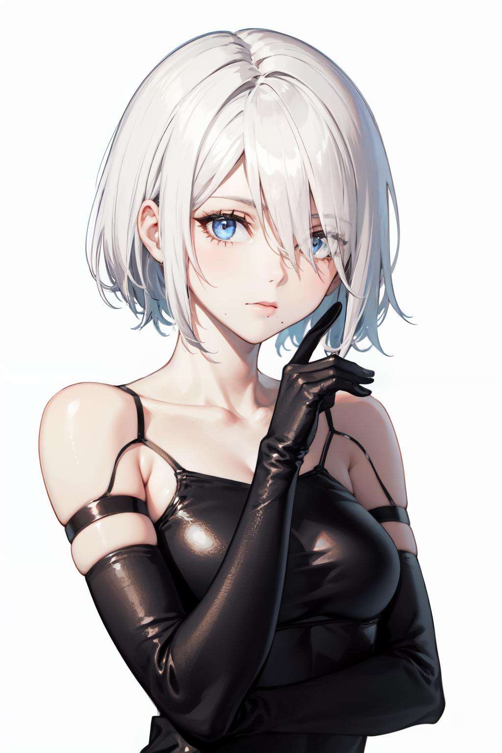 <lora:A2-off:1>yorha type a no. 2, bare shoulders, medium breasts, upper body, blue eyes, eyes visible through hair, mole under mouth, 1girl, armlet, android, looking at viewer, white background, joints, white hair, gloves, closed mouth, hair over one eye, solo, black gloves, mole, hair between eyes, collarbone, simple background, short hair, elbow gloves