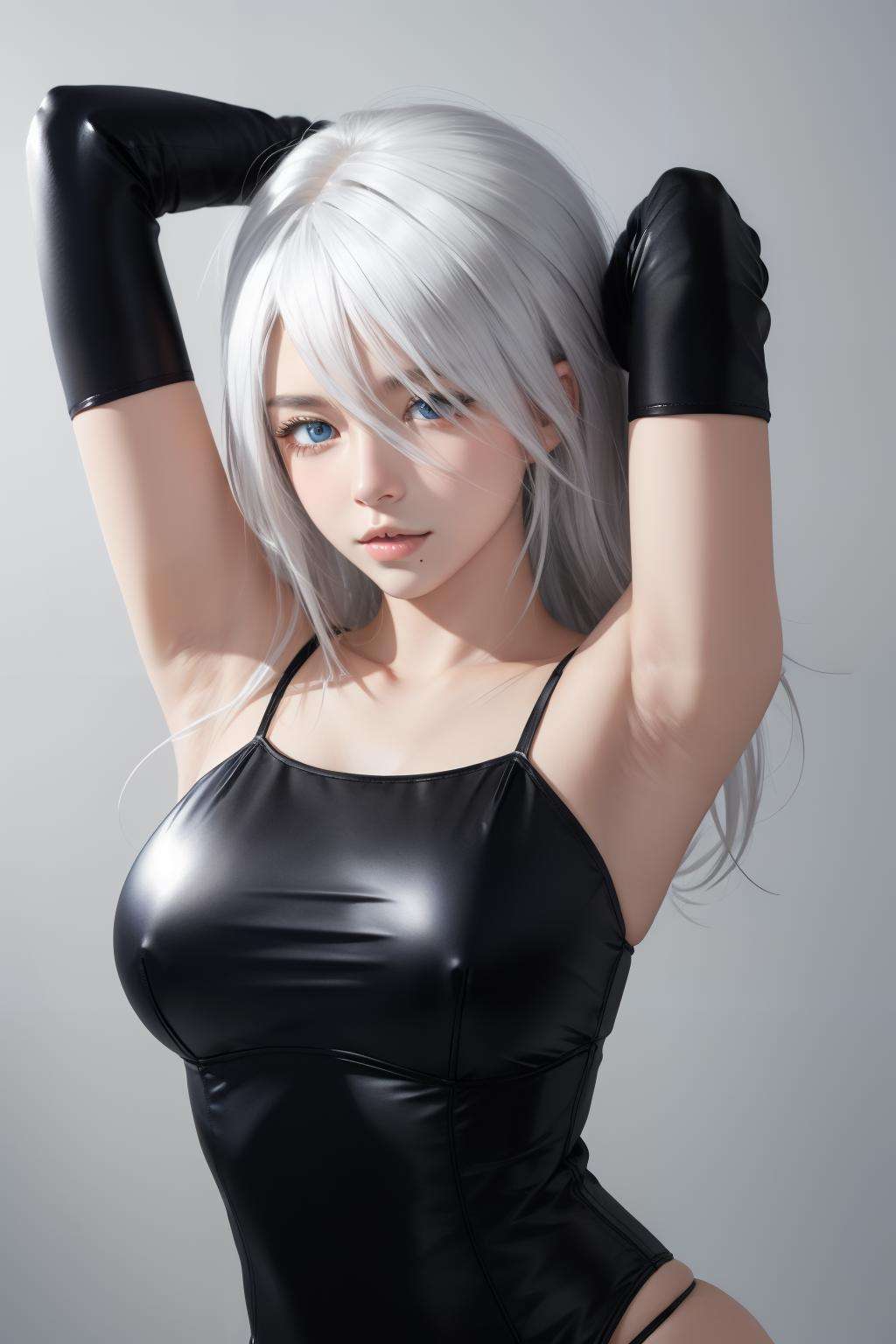 yorha type a no. 2, upper body, blue eyes, mole under mouth, 1girl, long hair, looking at viewer, white hair, arms up, gloves, closed mouth, hair over one eye, large breasts, solo, black gloves, mole,  arms behind head, collarbone, armpits, elbow gloves<lora:A2-off:1> 