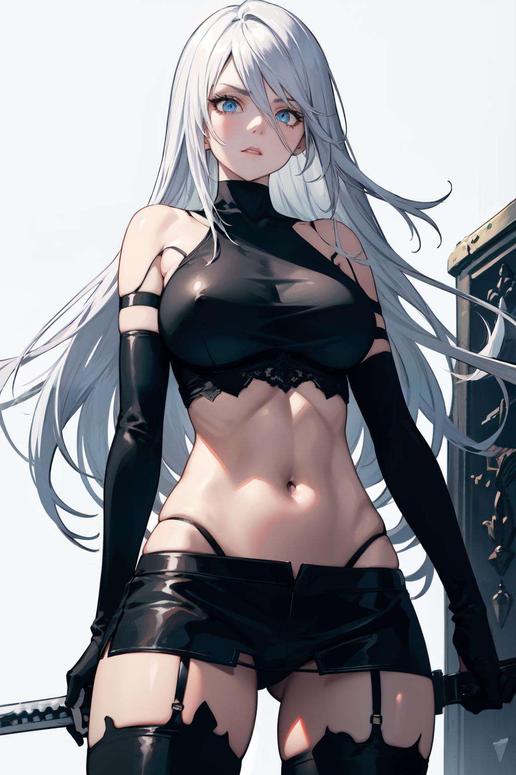 <lora:A2-off:1>yorha type a no. 2, underwear, solo, holding weapon, sword, blue eyes, holding, black gloves, dual wielding, long hair, elbow gloves, gloves, 1girl, holding sword, weapon, navel, large breasts, looking at viewer