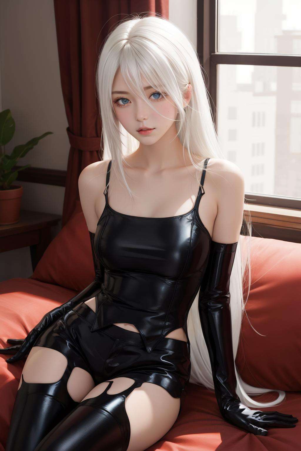 yorha type a no. 2, bare shoulders, character name, single thighhigh, blue eyes, mole under mouth, 1girl, armlet, android, long hair, looking at viewer, joints, white hair, black shorts, thighhighs, very long hair, gloves, sitting, hair over one eye, large breasts, shorts, solo, black gloves, parted lips, mole, black thighhighs, robot joints, collarbone, pink lips, elbow gloves<lora:A2-off:1> 