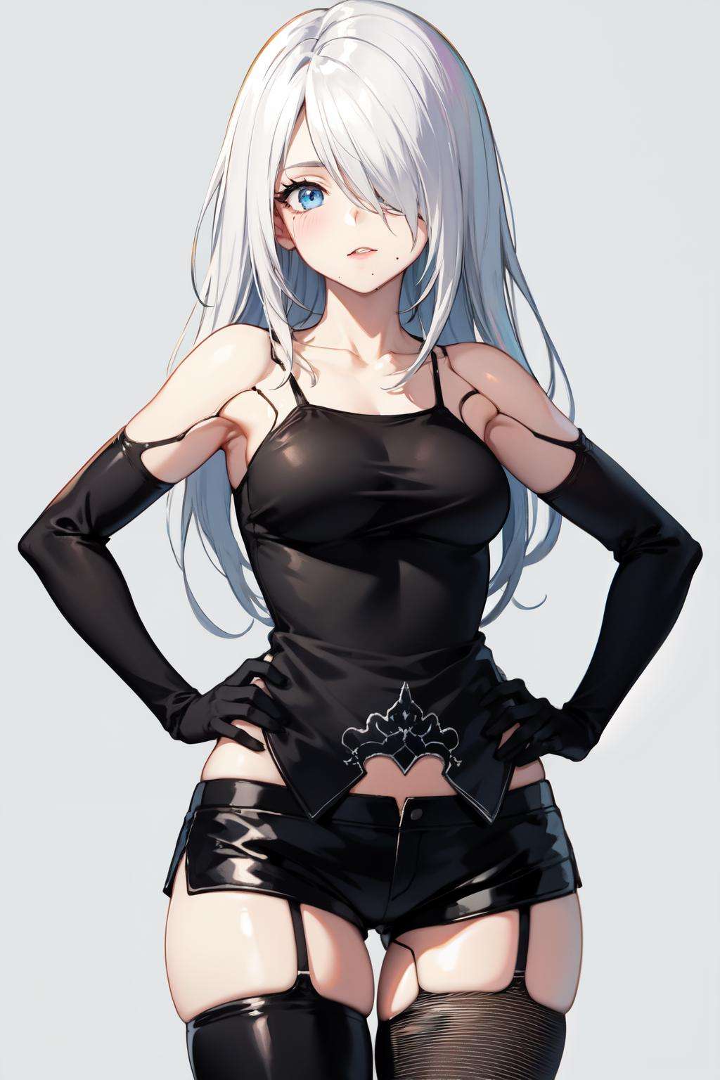 <lora:A2-off:1>yorha type a no. 2, bare shoulders, blue eyes, mole under mouth, 1girl, android, long hair, white background, looking at viewer, joints, black shorts, tank top, thighhighs, gloves, hair over one eye, shorts, solo, black gloves, mole, robot joints, collarbone, simple background, short shorts, elbow gloves, hand on hip, blue eyes