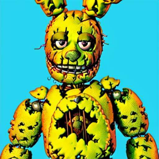 masterpiece, high quality, SpringAnimatronic, SpringtrapFNAF, animatronic, lagomorph, machine, mammal, rabbit, robot, simple background <lora:FNAFV1_11:0.8>, grin, grey eyes, [:2d:0.25]