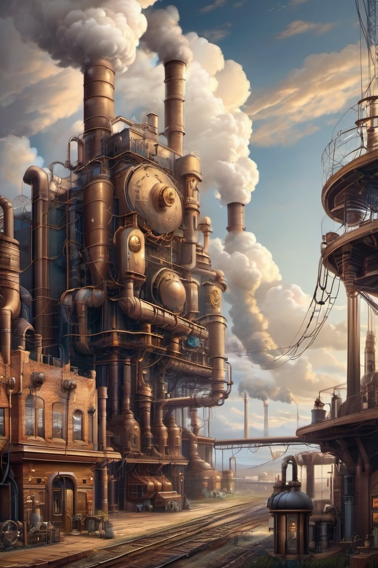 <lora:steampunk_xl-off:1> steampunk style, no humans, cloud, sky, scenery, cloudy sky, science fiction, electricity, outdoors, cable, electric power plant,building