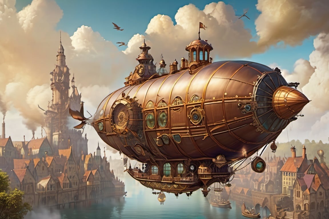 <lora:steampunk_xl-off:1> steampunk style,steampunk airship flies towards a medieval floating city
