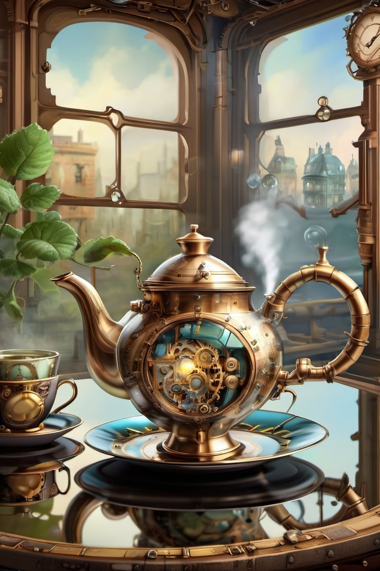 <lora:steampunk_xl-off:1> steampunk style, no humans, cup, teapot, teacup, window, scenery, saucer, gears, reflection, steam, plant, day