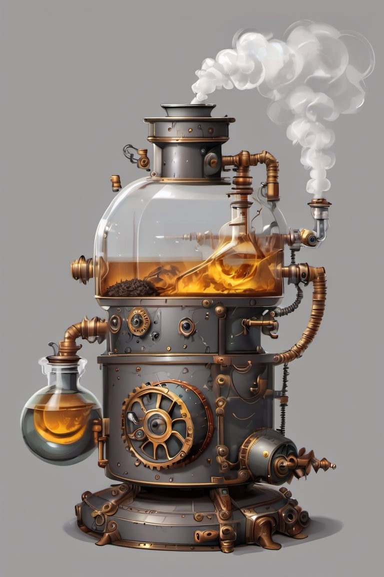<lora:steampunk_xl-off:1> steampunk style, no humans, robot, smoke, grey background, potion, science fiction, flask, simple background
