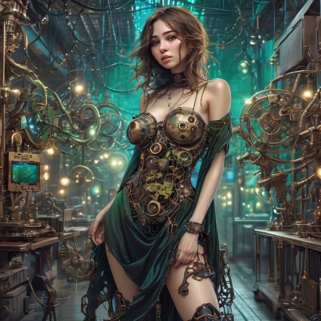 <lora:steampunk_xl-off:1> steampunk style,masterpiece, best quality, photorealistic, beautiful and aesthetic:1.3), (1girl:1.2), [skeleton], [mechanical], (dynamic pose:1.2), short hair, bangs, black roses, thorns, wires, Caples, mask, ( zentangle:1.2), dangerous, serious, awe inspiring, , (abstract background:1.1), kinetic art, elegance, delicacy, ,1 girl((masterpiece)), (best quality), 1girl, fisheye, standing, back, long hair, lage breast, (large glasses), ultrarealistic, brunette, (from below:1.4), black flowing dress, (panties:1.1), starry night, cyberpunk, cityscape, street, ray tracing reflection, bokeh, (hdr:1.4), high contrast, (cinematic, teal and green0.85), sparkly, full body shot, DSLR, perfecteyes,