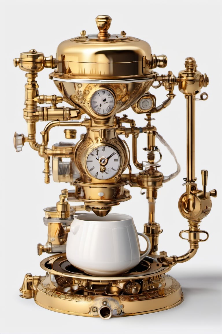 <lora:steampunk_xl-off:1> steampunk style, coffee mug, coffee maker \(object\), gold and white