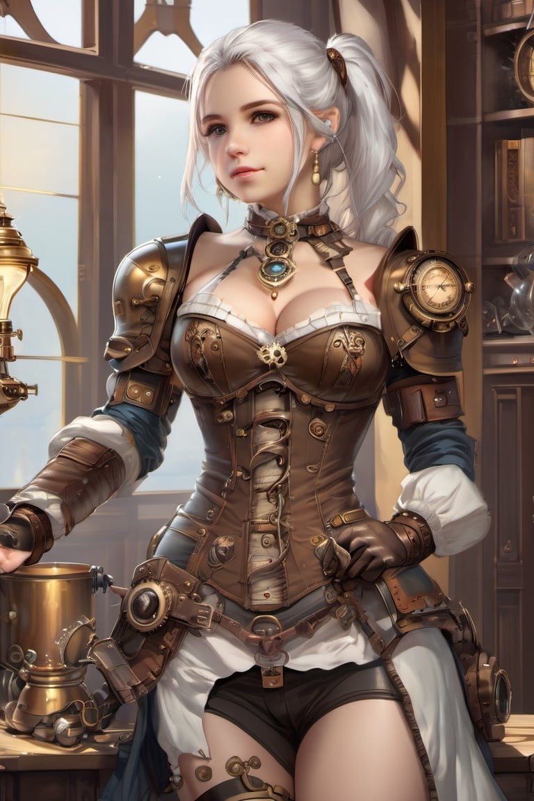 <lora:steampunk_xl-off:1> steampunk style, 1girl, solo, breasts, armor, ponytail, indoors, lips, nose, white hair, lamp, window, shoulder armor, steampunk, hair ornament, medium breasts, jewelry