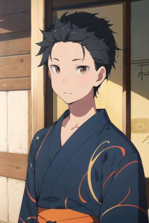 masterpiece, best quality, illustration, 1boy, solo, male focus, looking at viewer, upper body, , <lora:subaru_natsuki:0.74>, subaru_natsuki, black hair, brown eyes, yukata