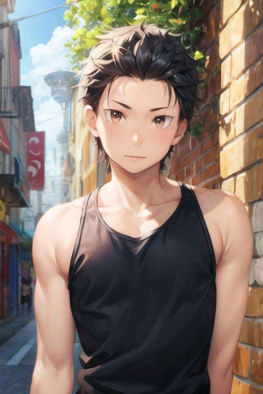 masterpiece, best quality, illustration, 1boy, solo, male focus, looking at viewer, upper body, , <lora:subaru_natsuki:0.68>, subaru_natsuki, black hair, brown eyes, tank top