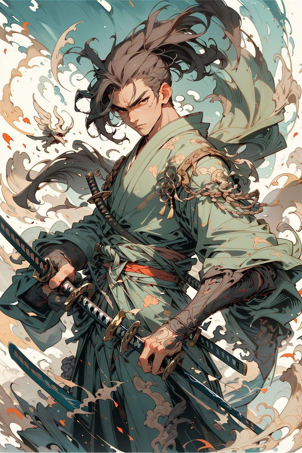 (close-up:1.1),upper body,weapon, 1boy, male focus, sword, solo, japanese clothes, holding, holding weapon, katana, holding sword, sheath, , , long sleeves, , haori, , hakama, kimono, sheathed,,Architectural background,,   <lora:niji_wushi:0.68>