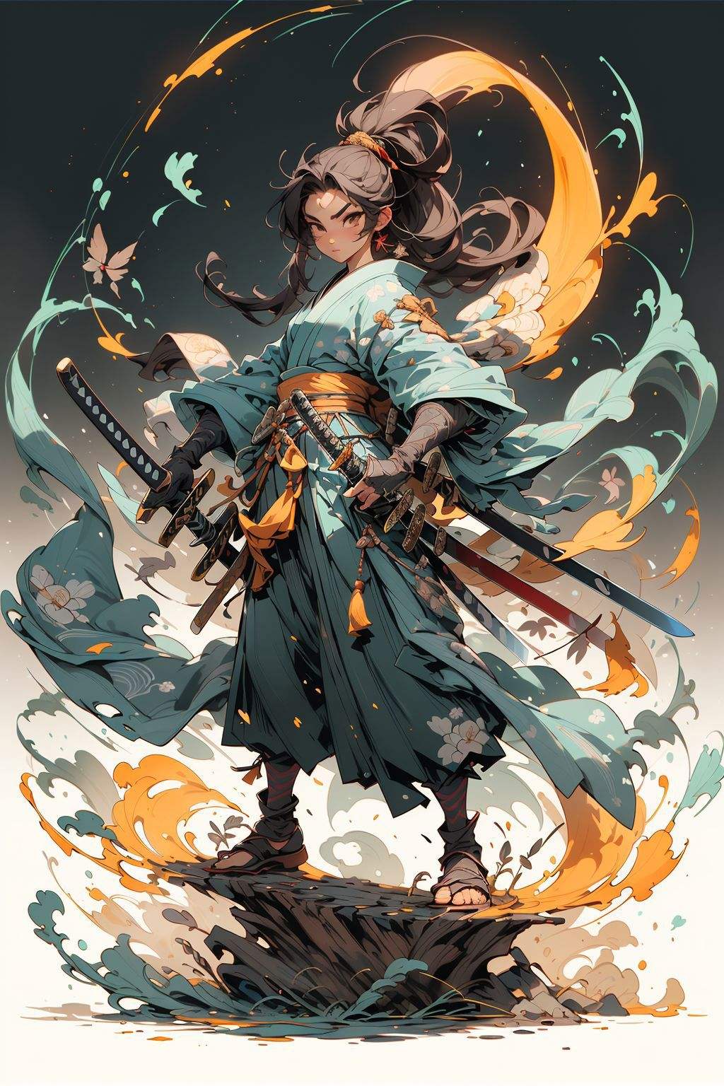 ,weapon, 1girl, long hair,male focus, sword, solo, japanese clothes, holding, holding weapon, katana, holding sword, sheath, , , long sleeves, , haori, , hakama, kimono, sheathed,full body,,, <lora:niji_wushi_yuan:0.6>