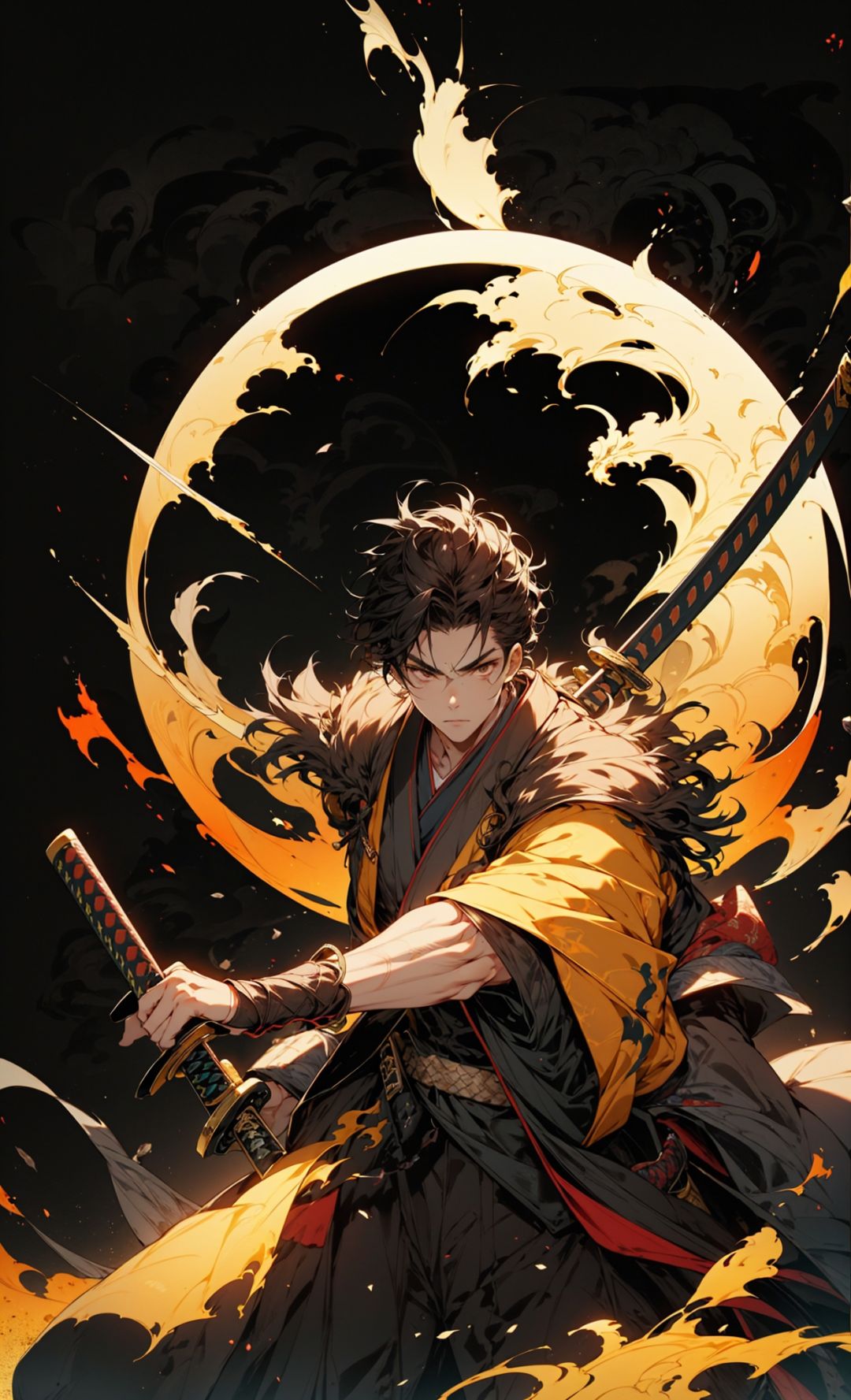 (black background:1.2),[(black background:1.5)::5], FH，weapon, 1boy, male focus, sword, solo, japanese clothes, holding, holding weapon, katana, holding sword, sheath, , , long sleeves, , haori, , hakama, kimono, sheathed,,, Architectural background,<lora:niji_武士:0.7>