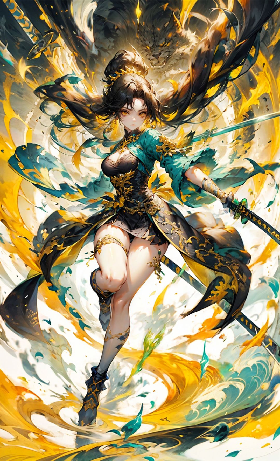 1girl, weapon, sword, jewelry, earrings, black_hair, breasts, solo, gloves, holding_weapon, holding_sword, medium_breasts,full body, yellow theme ,, <lora:niji_武士:0.7>