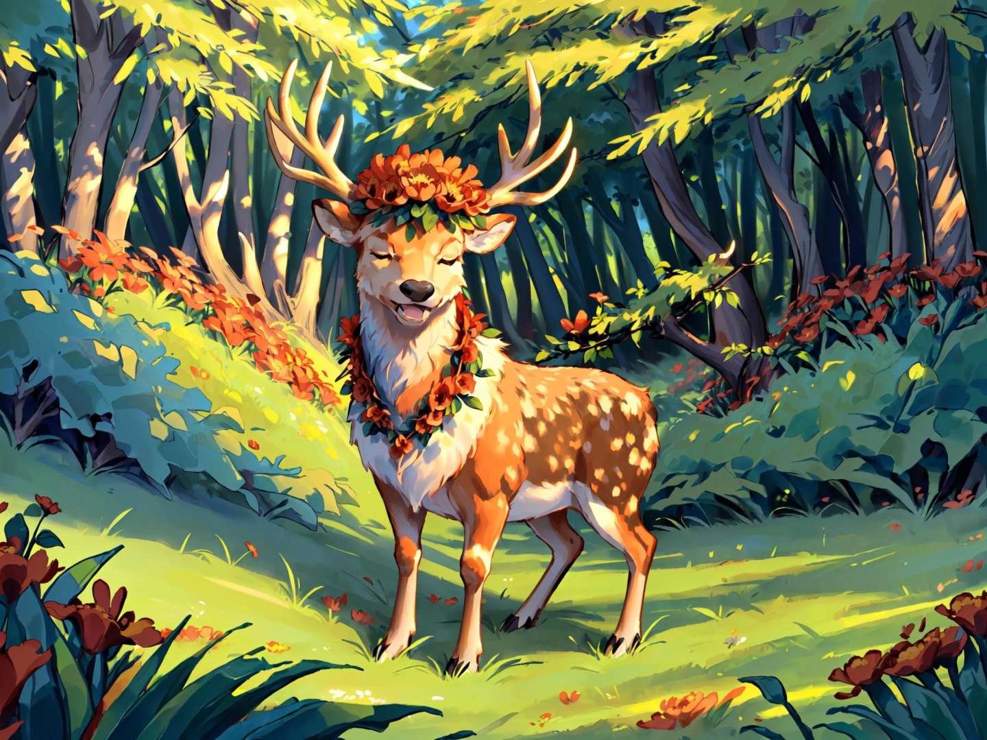 ((((1boy, mature handsome male standing, close-up)))),<lora:bg_animation_landscape:1>, ((flower, outdoors, nature, pokemon (creature), no humans, tree, grass,BAREK, day, deer, antlers, forest, closed eyes, red flower, standing, closed mouth)),