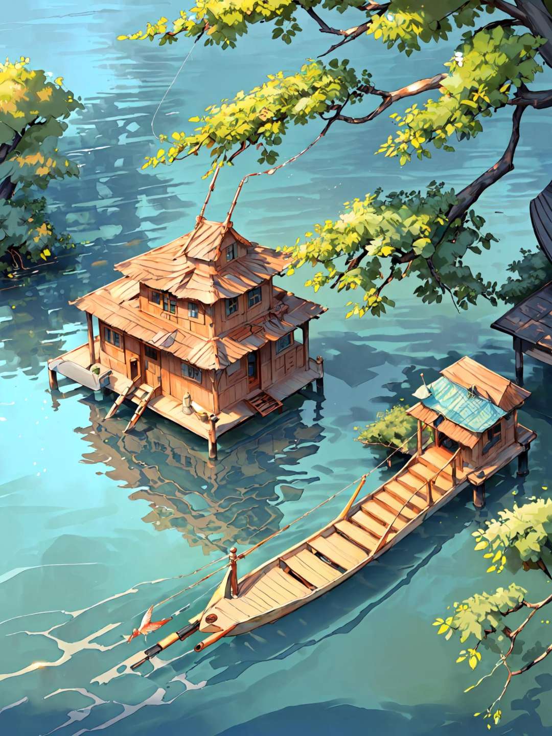 ((((1boy, bara, beard, mature handsome male standing), close-up, ))),<lora:bg_animation_landscape:1>, ((tree, fish, water, boat, scenery, ladder, watercraft, book, table, chair, artist name, house, fishing rod, stairs,)),