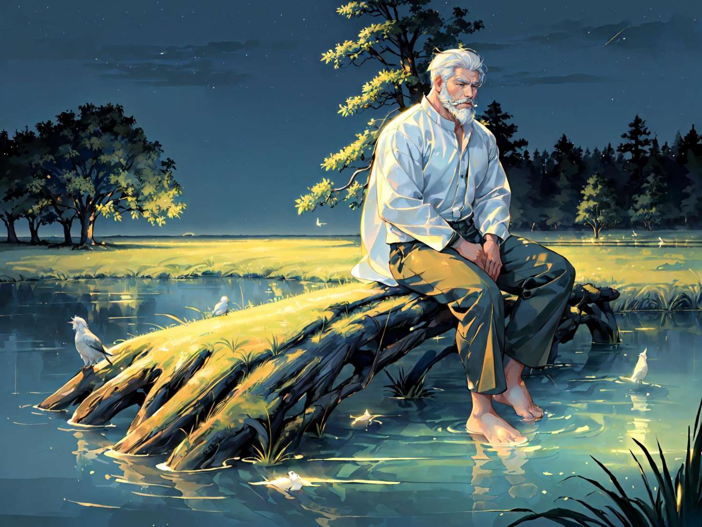 ((((1boy, bara, beard, mature handsome male standing, close-up)))),<lora:bg_animation_landscape:1>, ((tree, solo, barefoot, outdoors, pants, 1boy, water, long sleeves, male focus, nature, night, grass, wide shot, white hair, bird, sitting, from side)),