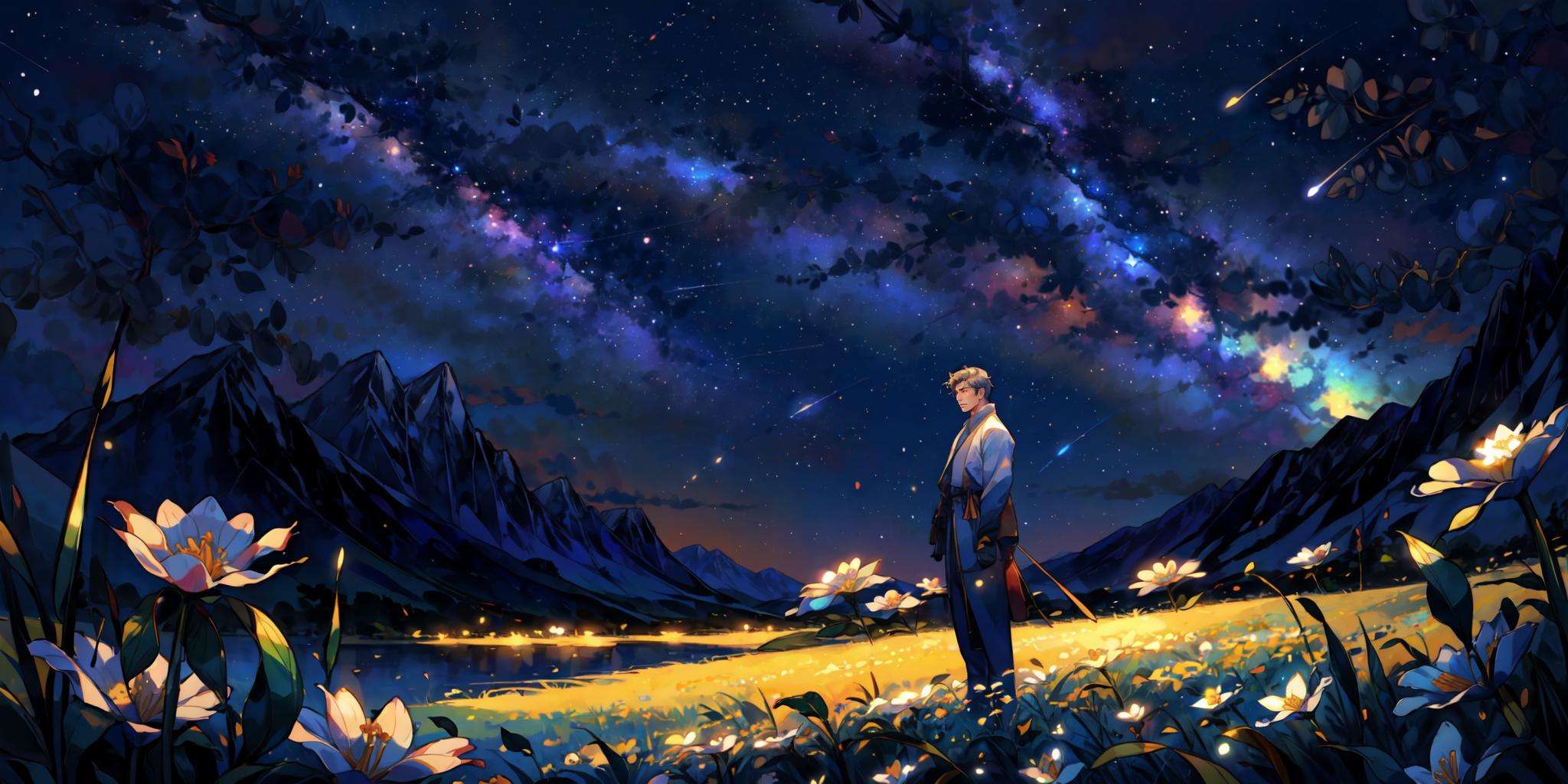 <lora:bg_animation_landscape:1>, flower, white flower, star (sky), grass, leaf, sky, plant, starry sky, solo, outdoors, ((mature handsome male standing)), <lora:style_adddetail:.3><lora:style_saturation:.5>, <lora:style_breakrealize:-1>, <lora:style_d3x3d:1>,