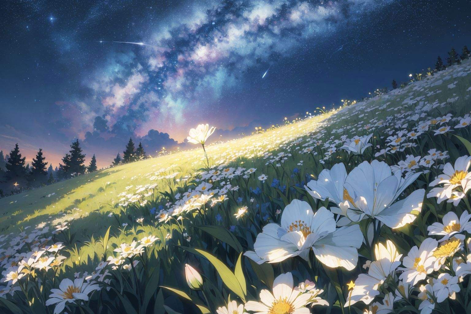 flower, white flower, star (sky), 1girl, grass, leaf, sky, plant, starry sky, solo, outdoors<lora:huafeng:0.8>