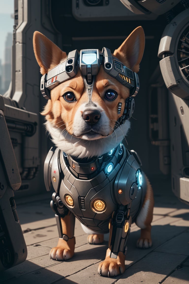 a crisp photograph of a cute cybernetic corgi puppy, (cyborg:1.4), (intricate details), hdr, (intricate details, hyperdetailed:1.2), cinematic shot, centered, stark lighting, looking away from camera, hyperrealism, hyperdetailed fur, real dog fur, Fujifilm XT3
