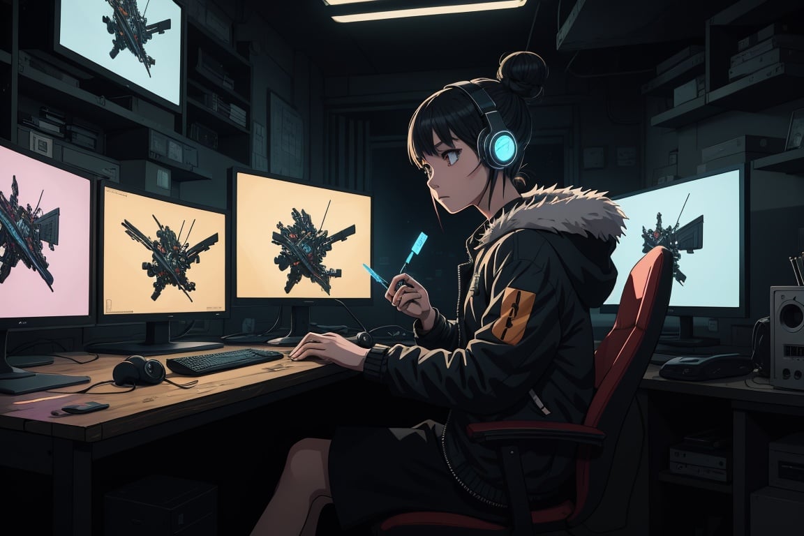 masterpiece,best illustration,solo,1girl,sitting,hair bun,keyboard \(computer\),fur trim,computer,monitor,hood,jacket,hood down,chair,headphones,city,double bun,instrument,,,, ,cyberpunk, a small wooden toy,\(\(intricate details\)\),colorful details,iridescent colors BREAK,\(\(masterpiece best quality\)\),4k,ultra detailed,detailed lighting,\(\(inspired by Hayao Miyazaki\)\),official art,promotional art,composition,