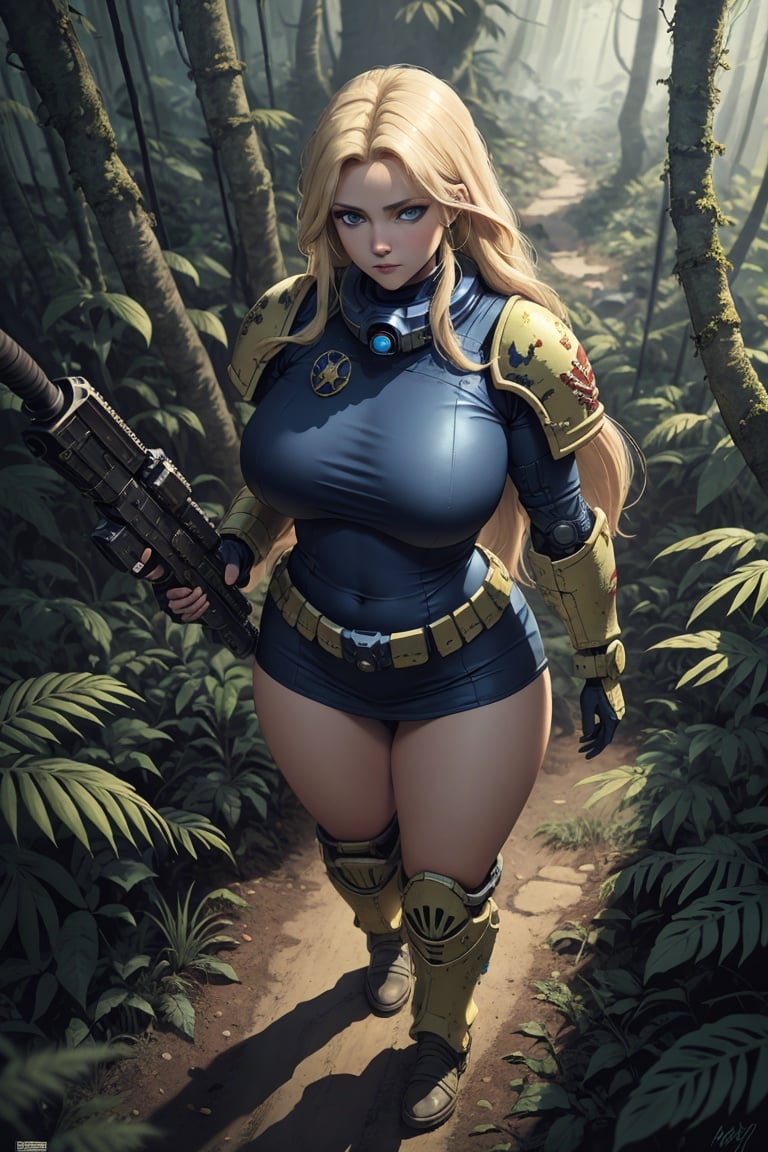 (masterpiece), (best quality), (detailed, absurdres), woman in a space marine armor, curvy, large breasts, long blonde hair and blue eyes, walking in the alien planet jungle forest and holding riffle in hands, from the top above view:1.2