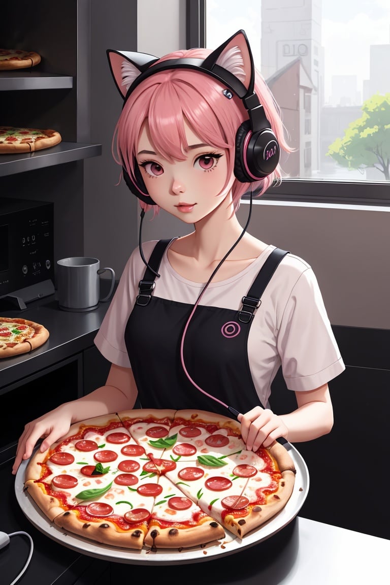 Digital 2D, Ilustration, Bo xun Lin artstationGirl:1.2, pink hair, headphonesWhy my pizza gets wet suddenlyCat, electronic clock