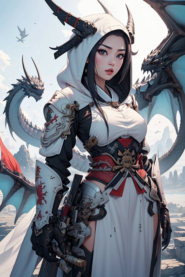 Devianart, Hood, Art by Derpdeedoo, A Sexy Futuristic Samurai Woman With White Armor And Oriental Fabric Clothes, Devianart, Hood, Art by Derpdeedoo,dragon ear, <lora:EMS-18239-EMS:0.7>