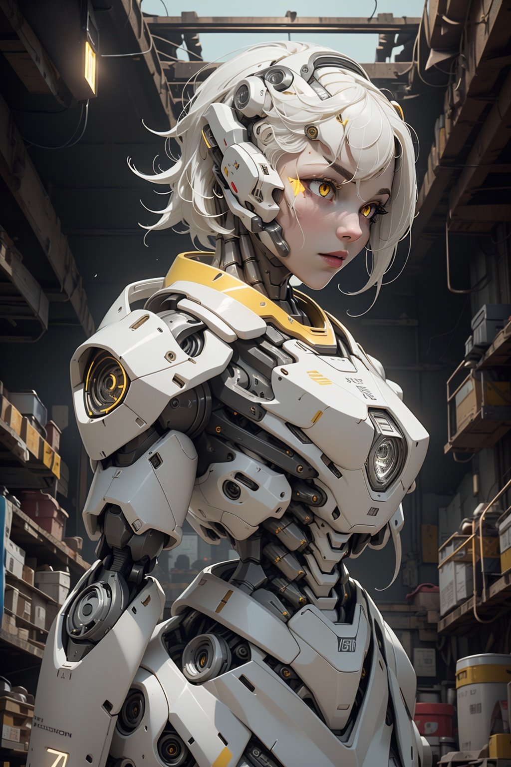 (Masterpiece:1.2), best quality, (illustration:1.2), (ultra-detailed), hyper details, (delicate detailed), (intricate details), (cinematic light, best quality Backlights), from below, solo female, perfect body, (1girl), white hair, glowing yellow eyes,clear line,(robot:1.2), robot head,Bare Metal Skeleton,white hair, ((glowing yellow eyes)), ( white clothes), turn head, high contrast, (best illumination, an extremely delicate and beautiful), ((cinematic light)), colorful, <lora:EMS-2147-EMS:0.8>