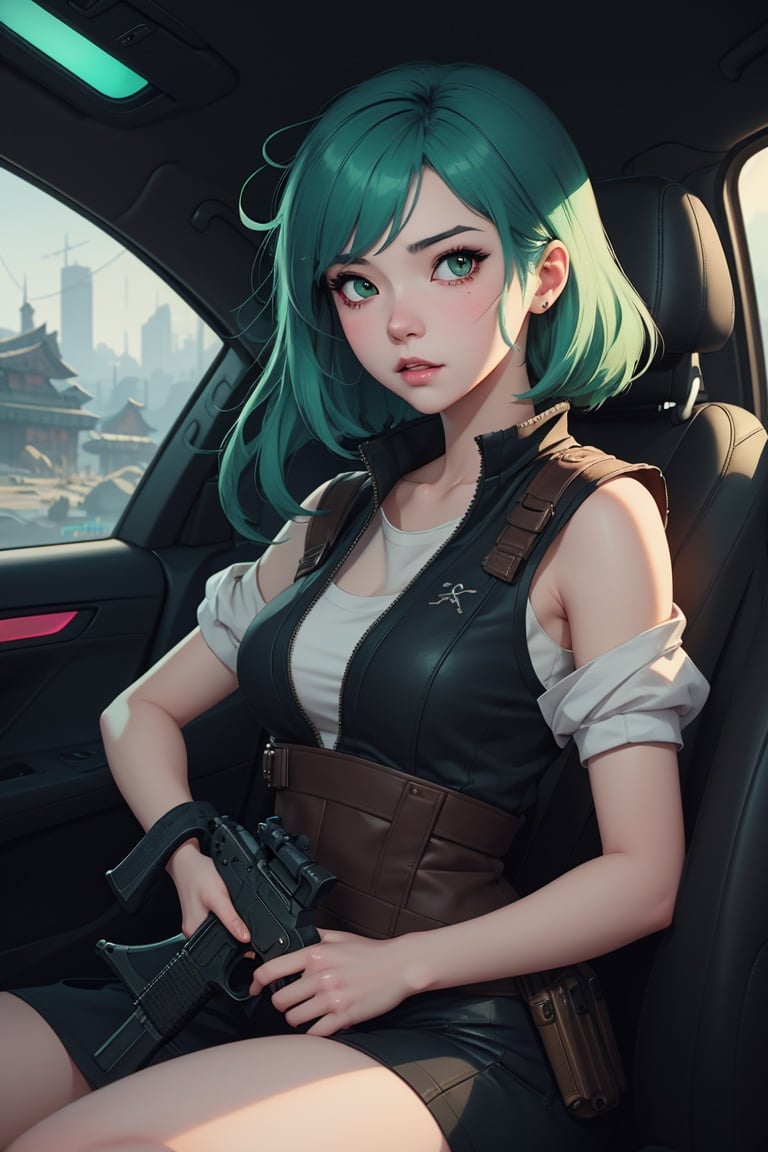 anime girl with green hair sitting in a car with a gun, artwork in the style of guweiz, ross tran 8 k, guweiz, ross tran style, in the style of ross tran, inspired by Ross Tran, artgerm and atey ghailan, by Yang J, extremely detailed artgerm, guweiz on artstation pixiv