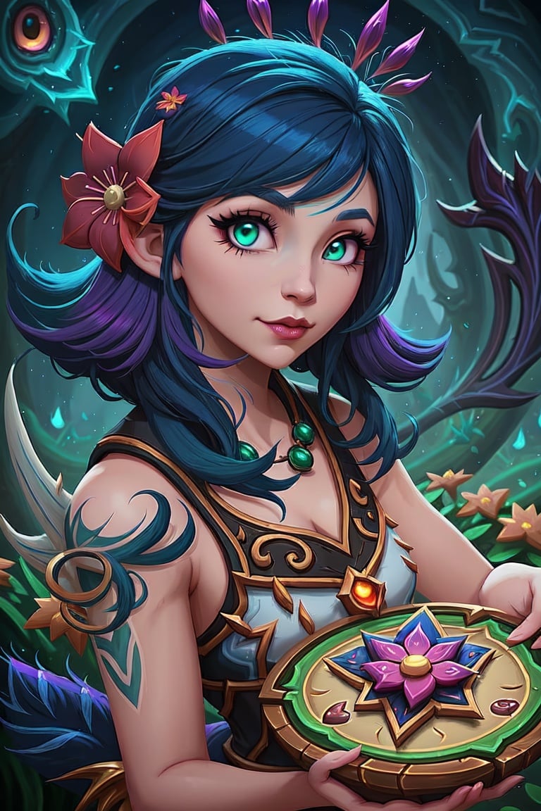 a close up of a woman with blue hair and a flower in her hair, portrait of jinx from arcane, fantasy hearthstone art style, astri lohne, elf girl wearing an flower suit, samira from league of legends, mana art, artgerm julie bell beeple, from league of legends, in hearthstone art style,neeko, <lora:EMS-18643-EMS:0.8>
