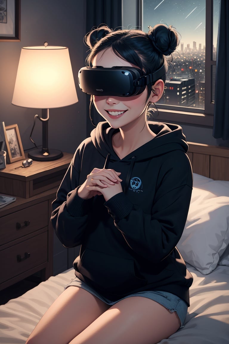 (masterpiece, best quality, high quality:1.3), best illustration, 1girl, solo, blue space buns, black hoodie, smiling, hands up, clenched hands, sitting on bed, night time, dimly lit lamp, open window of cityscape, wearing VR glasses,wearing vision pro