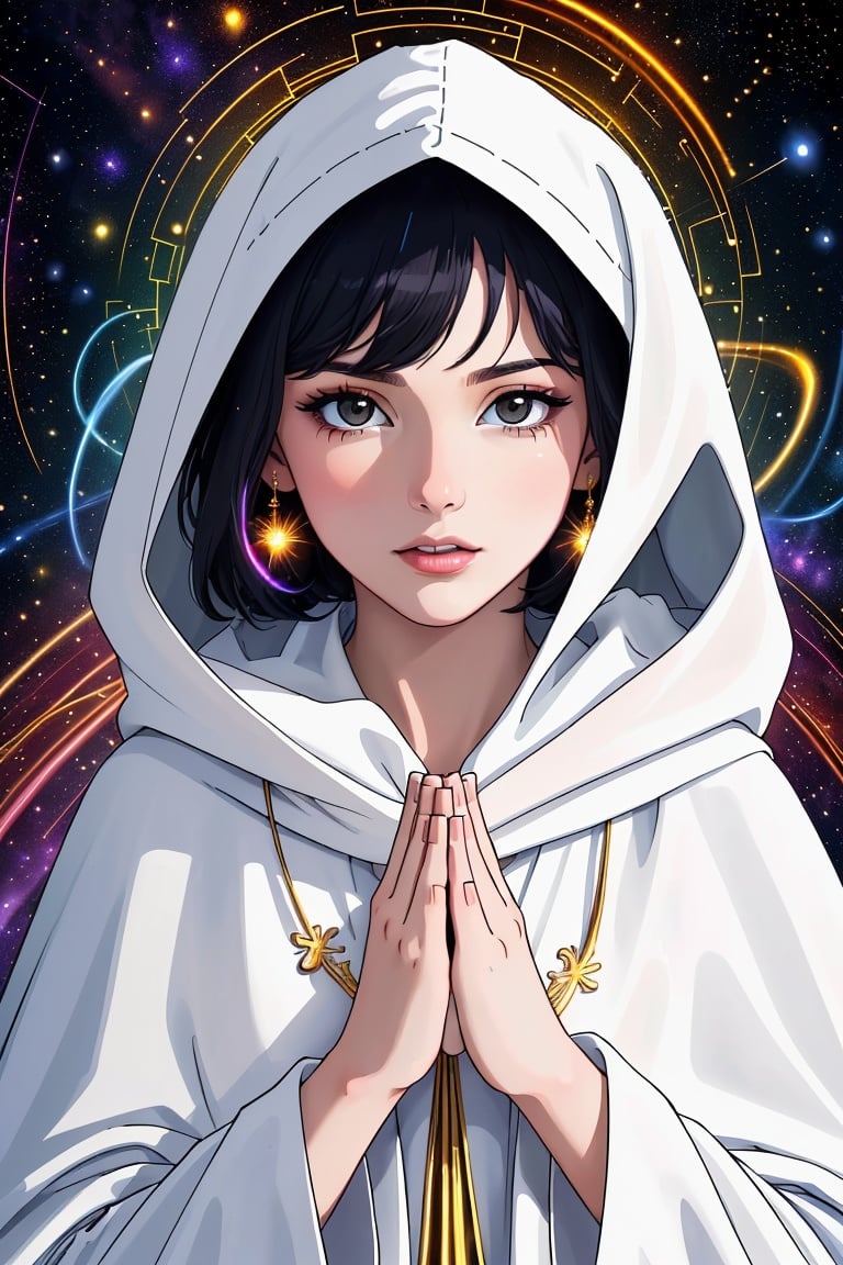 (masterpiece, top quality, best quality, official art, beautiful and aesthetic:1.2), (1girl), extreme detailed, (fractal art:1.3), colorful, highest detailed, perfect face, upper body, HDR, (praying:1.3), (white cloak golden lines:1.2), galaxy, (light streaks), striking visuals, (dynamic streaks, luminous trails:1.2), vibrant colors, (birds), John Blanche art--p30