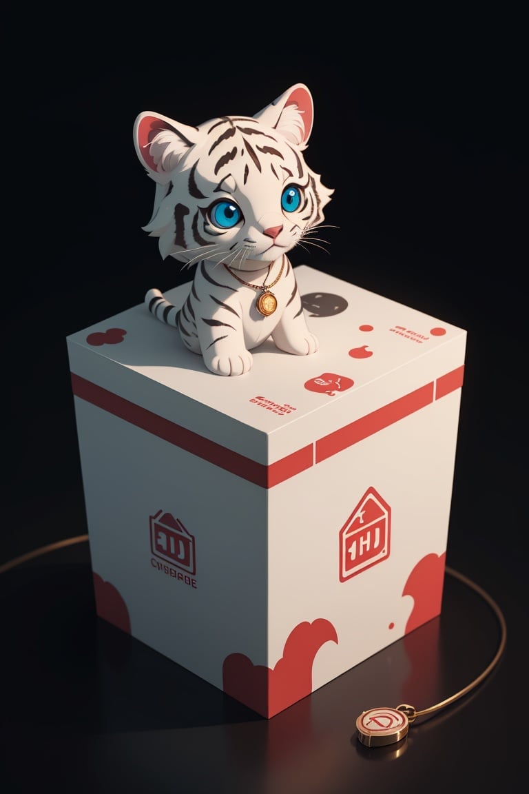 cute tiny  hyperrealistic white tiger with different color eyes waring a necklace, Chibi, adorable and fluffy, logo design, cartoon, cinematic lighting effect, charming, 3D vector art, cute and quirky, fantasy art, bokeh, hand-drawn, digital painting, soft lighting, isometric style, 4K resolution, photorealistic rendering, highly detailed clean, vector image, photorealistic masterpiece, professional photography, simple space backdrop, flat white background, isometric, vibrant vector