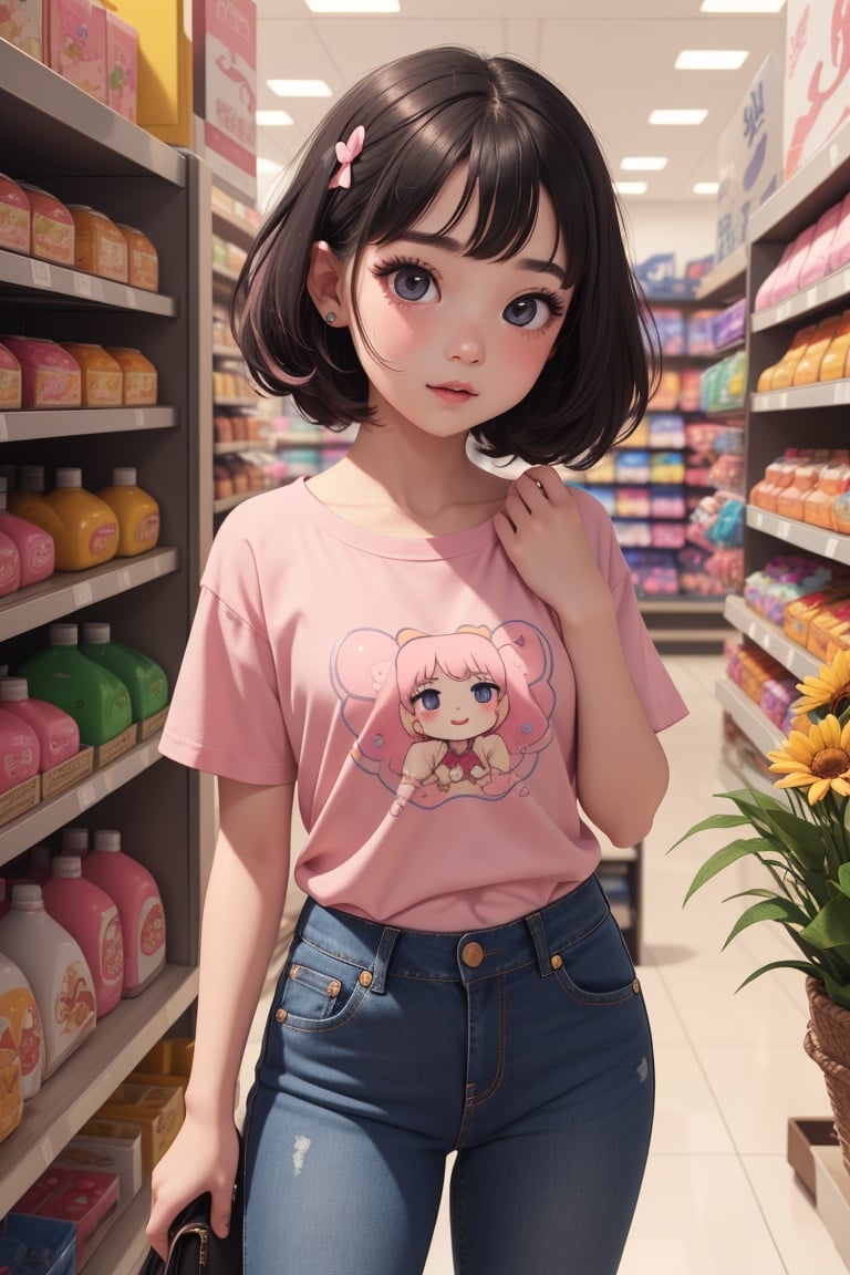 There is a little girl standing in the store, so cute, super cute and friendly, black pink Josie, けもの, kawaii shirt and jeans, E-girl, electronic girl, Ruan cute vtuber, Snapchat photo, cute girl, black pink Rosanna Park, 6 years old, 1gril, big eyes, long eyelashes, detailed face, ultra hd, 8k, surreal, real skin, 🌱🌼🌼☀☀little girl
