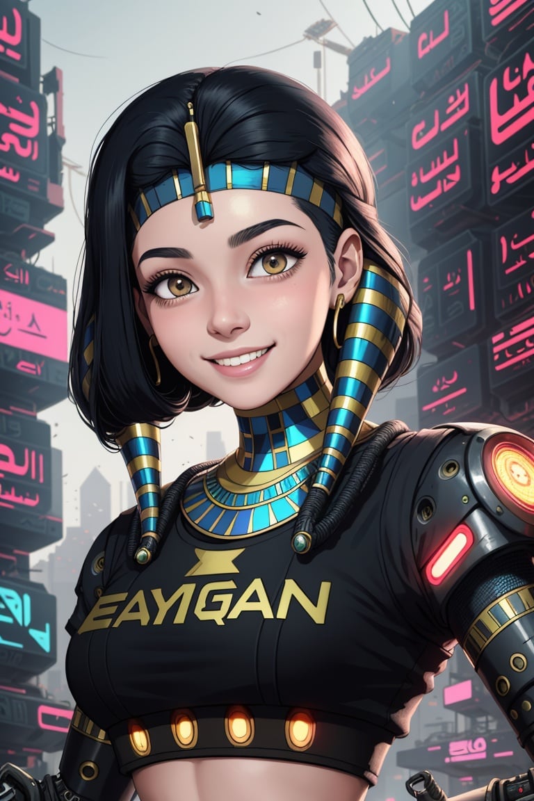 Egyptian girl with pale skin, beautiful smiling face, ((Egyptian futuristcyberpunk:1.2)), Craig Mullings