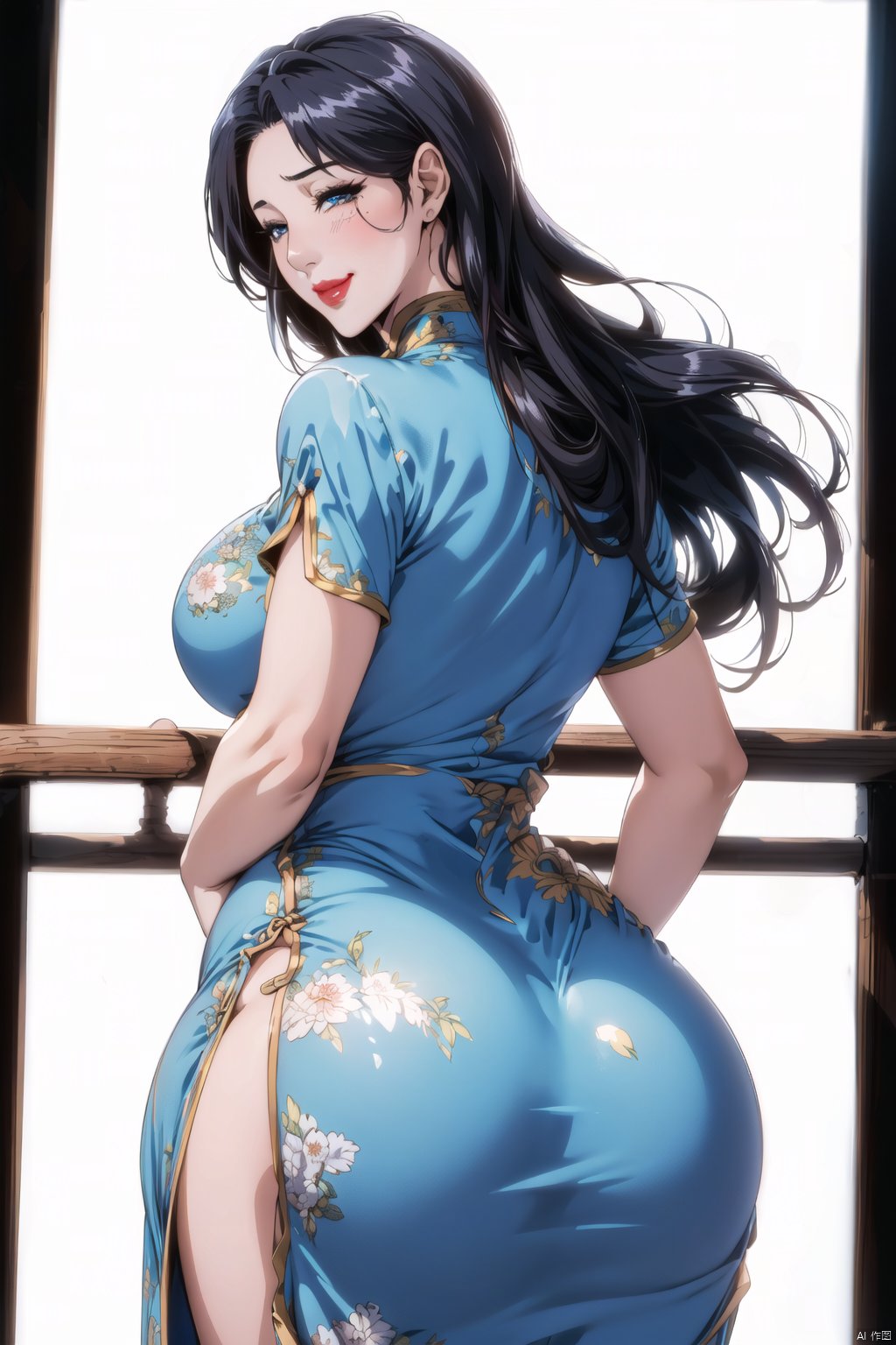 White background,  simple background, solo,  long hair,  blue eyes,  black hair,  makeup,  lips,  breasts,  (narrow waist),  (wide hips:1.3),  blue dress,  china dress,  chinese clothes,  clothing cutout, ((seductive smile,  )),  Anime, (Bending down, Lift butt, Puckering your butt, cowboy shot,  side view:1.1),<lora:EMS-250840-EMS:0.600000>,<lora:EMS-21482-EMS:0.800000>