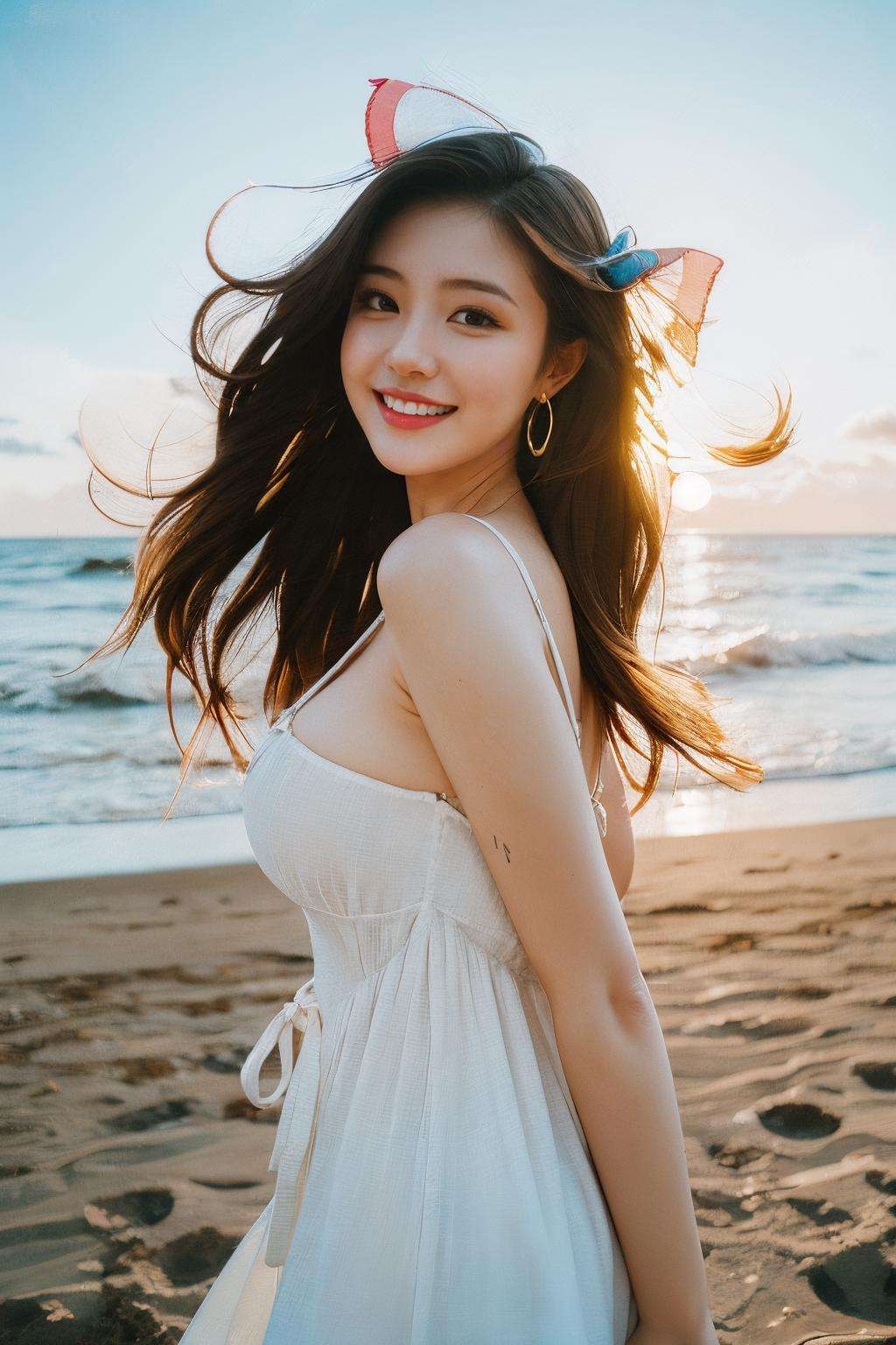 1girl,(fisheye:1.1),sea,wind,messy hair,sunset,beach,(aesthetics and atmosphere:1.2),long hair,grey sunmer dress,light smile,happy,<lora:FujiVelvia50:1>,<lora:lit:0.2>,shallow depth of field,wavy hair,hoop  earrings,hair  ribbon,large breasts,thin straps,<lora:Maper:1>,dimples,