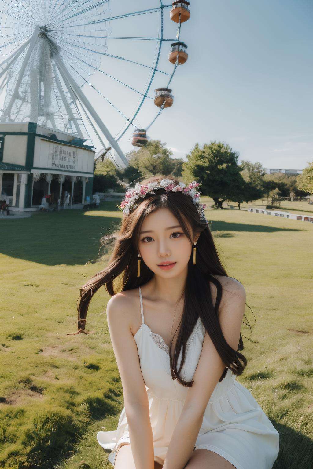 1girl,watching the audience while crouching in the bushes,full body,wind,messy hair,(aesthetics and atmosphere:1.2),long hair,platinumbrown sunmer dress,shallow depth of field,wavy hair,hoop  earrings,hair  ribbon,thin straps,<lora:lit:0.2>,sun,castle,colorful flowers,grass,(look downwards:1.5),<lora:add_detail:0.3>,butterfly,ferris wheel,illustration,film grains, <lora:Maper:1>