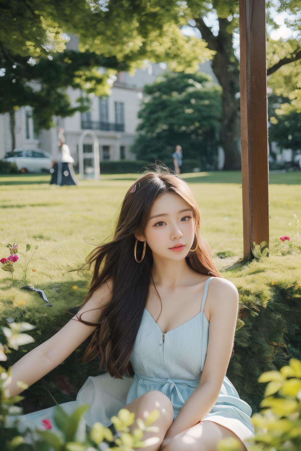 1girl,watching the audience while crouching in the bushes,full body,wind,messy hair,(aesthetics and atmosphere:1.2),long hair,platinumbrown sunmer dress,shallow depth of field,wavy hair,hoop  earrings,hair  ribbon,thin straps,<lora:lit:0.2>,sun,castle,colorful flowers,grass,(look downwards:1.5),<lora:add_detail:0.3>,butterfly,ferris wheel,illustration,film grains, <lora:Maper:1>