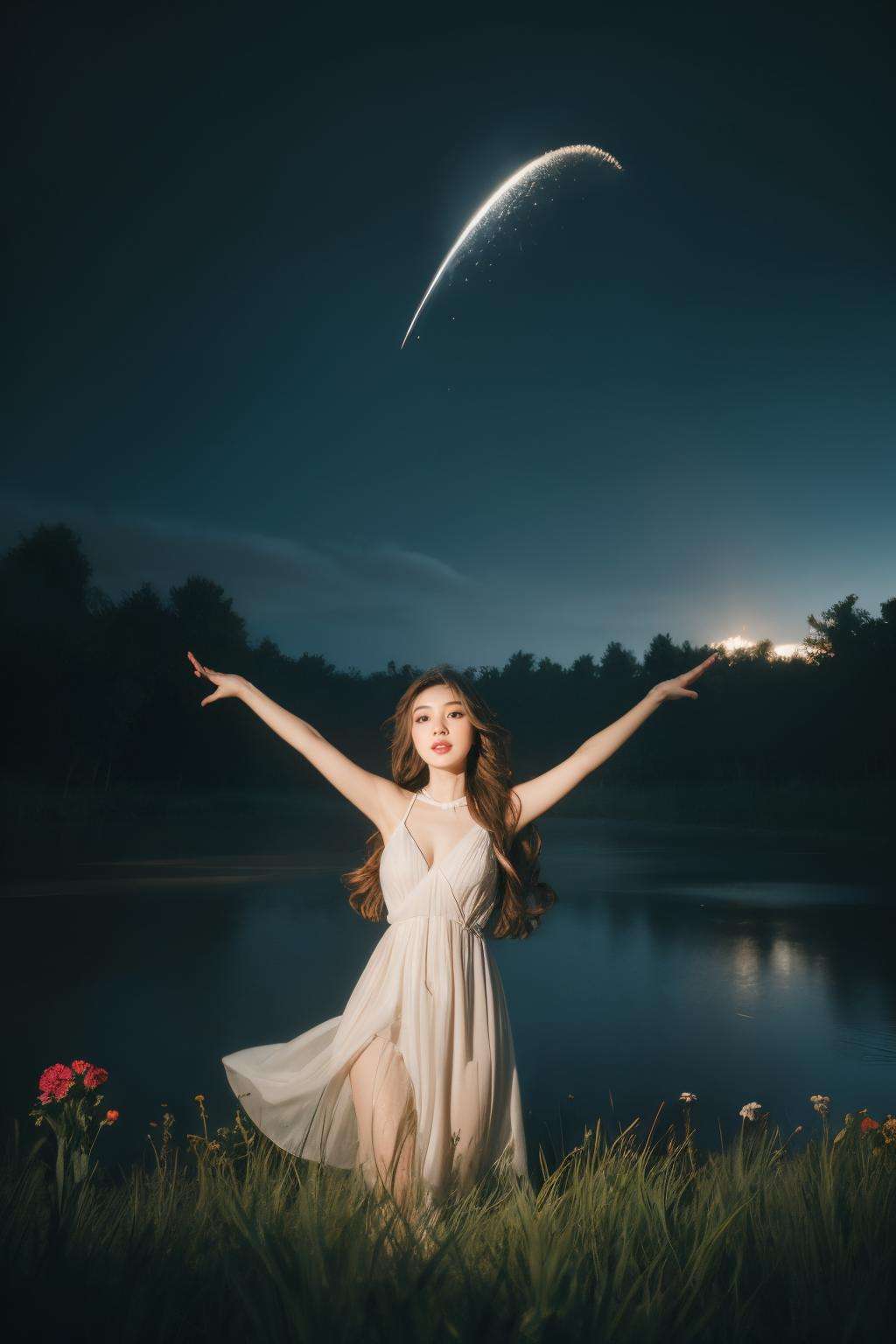 best quality,masterpiece,HDR,UHD,8K,Highly detailed,1girl,(long hair:1.5),large breasts,wide  open  arms,hair  bow,ribbon,halo,choker,jewelry,bare_legs,night,moon,full_moon,meteor  shower,grove,waterfall,stream,background  light,available  light,moody  lighting,beautiful and delicate water,the finest grass,very delicate light,water spray,breeze,flowers and grass meadow,near the water edge,randomly distributed clouds,river,splashing water,falling petals,<lora:蝶舞5:0.1>,die,film light,brown summer long dress,<lora:Maper:1>,<lora:lit:0.3>,