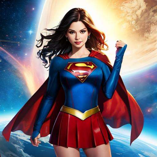 (best quality: 1.2), (masterpiece: 1.2), (realistic: 1.2), (inked: 1.3), best quality, beautiful woman as supergirl, she has (wavy black hair: 1.7), superhero, blue bodysuit, red short skirt, red cape, grin, in space, earth background, sharp focus, 8k, centered, medium shot, masterpiece