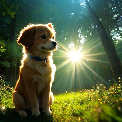 (best quality: 1.2), (masterpiece: 1.2), (realistic: 1.2),  closeup photo, a very cute jumping puppy in the forest, soft volumetric lights, (looking at the viewer: 1.3), (backlit:1.3), (cinematic:1.2), intricate details, masterpiece