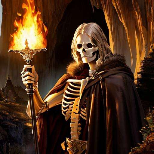 (best quality: 1.2), (masterpiece: 1.2), (realistic: 1.2), a portrait of a (skeleton: 1.3) holding a flaming spear, (old and ragged cape: 1.2), (dark cave in the background), detailed middle-earth setting, on eye level, mimicking ruined materials, extremely detailed, on eye level, scenic, masterpiece