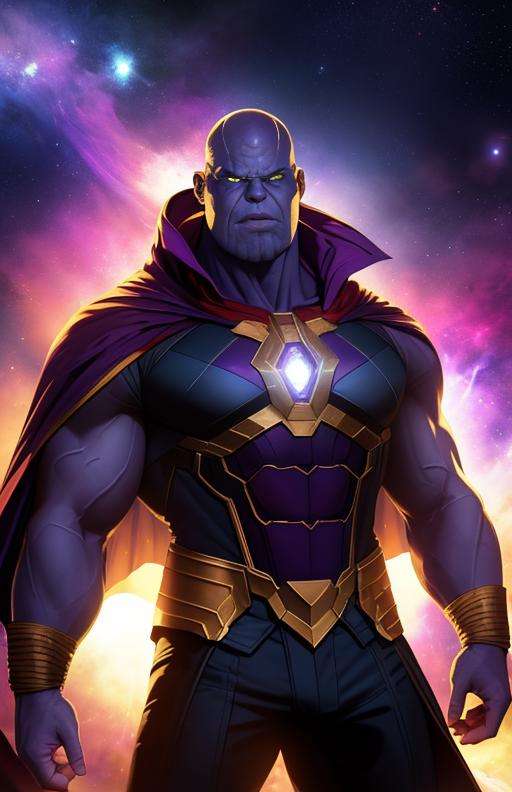 (best quality: 1.2), (masterpiece: 1.2), (realistic: 1.2), stunning angry Thanos, bald, purple cape, nebula space background, volumetric light, upper body, muscle, muscular, fantasy, dynamic angle, dynamic pose, masterpiece